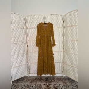 Women's Mikarose Mustard Floral Maxi Dress - Long Sleeve V-Neck